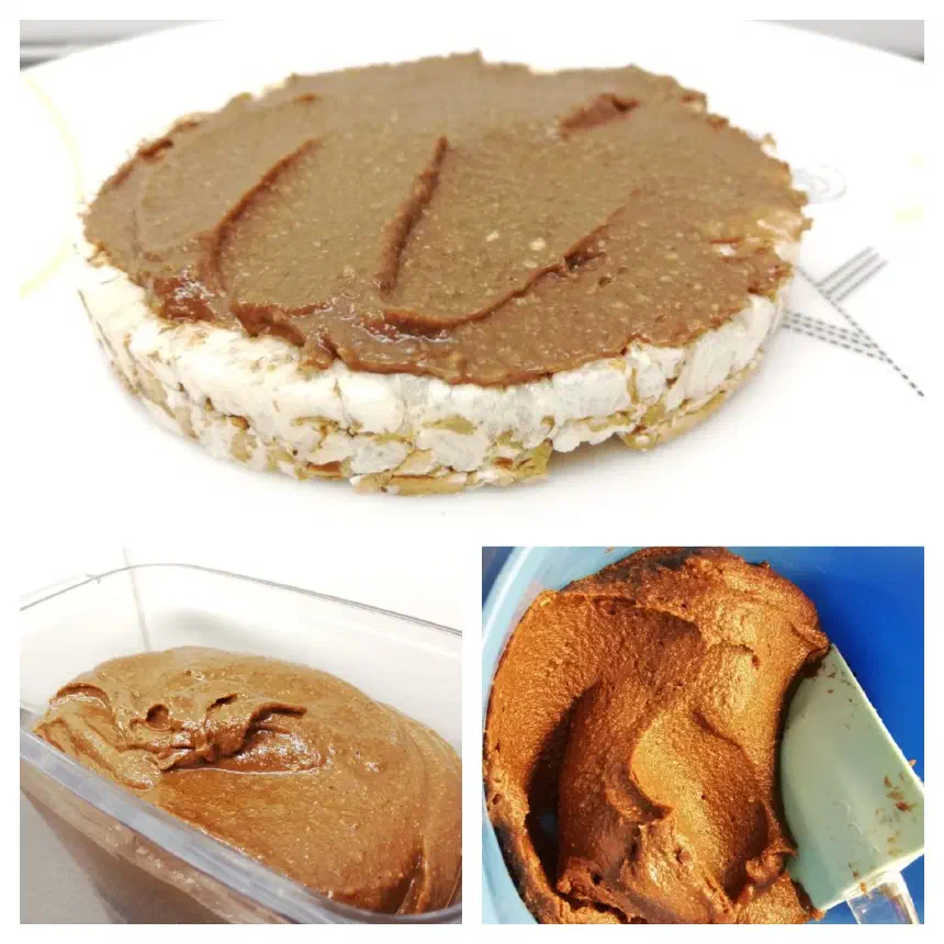 Homemade hazelnut and cocoa spread on a rice cake, in a plastic container and in a blue bowl with a spatula