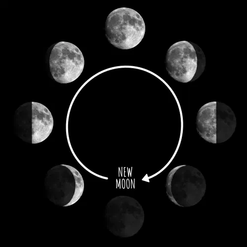 The eight phases of the Moon in a circle on a black background, with an arrow pointing to the new moon